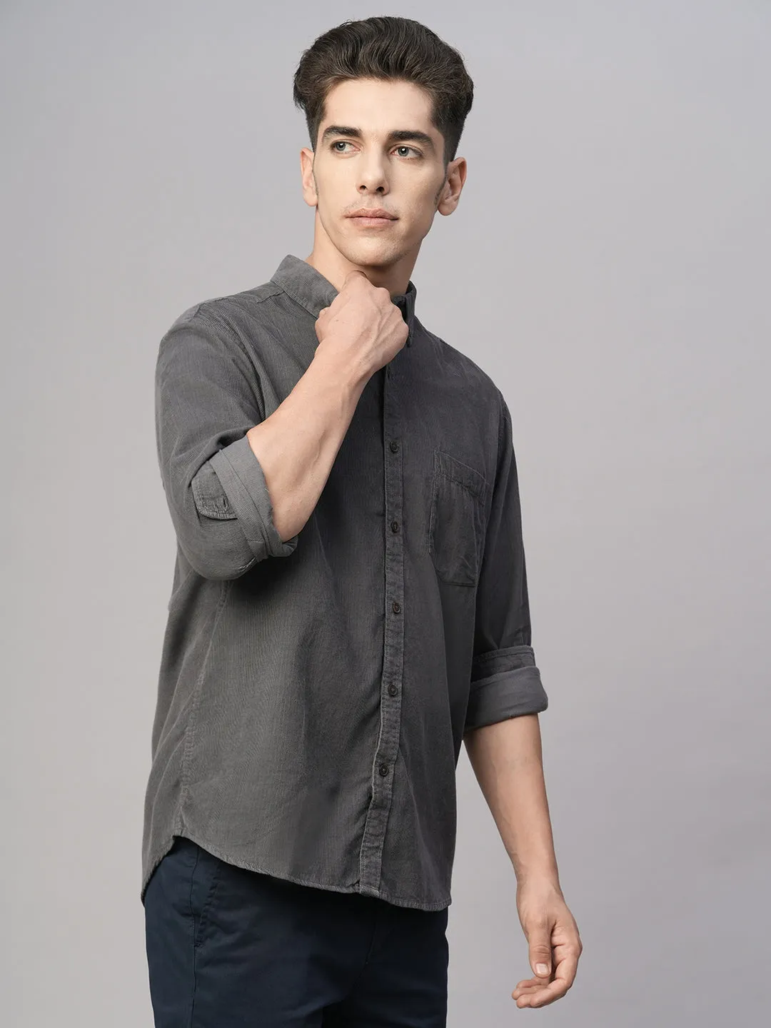 Men's Corduroy 100% Cotton Grey Regular Fit Long Sleeved Shirt