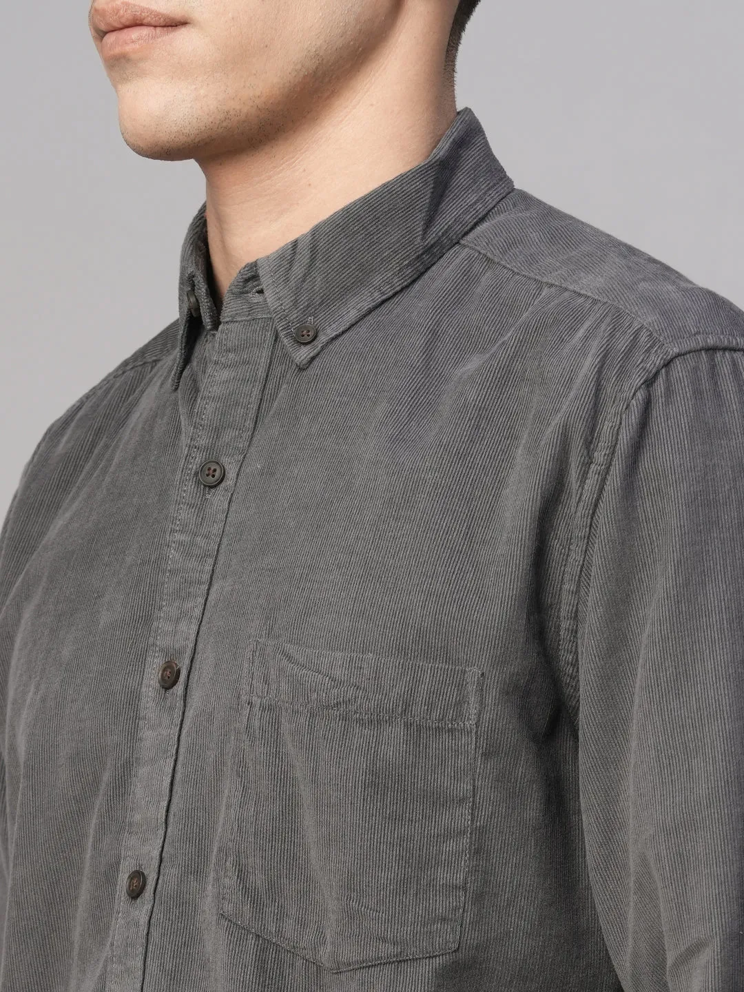 Men's Corduroy 100% Cotton Grey Regular Fit Long Sleeved Shirt