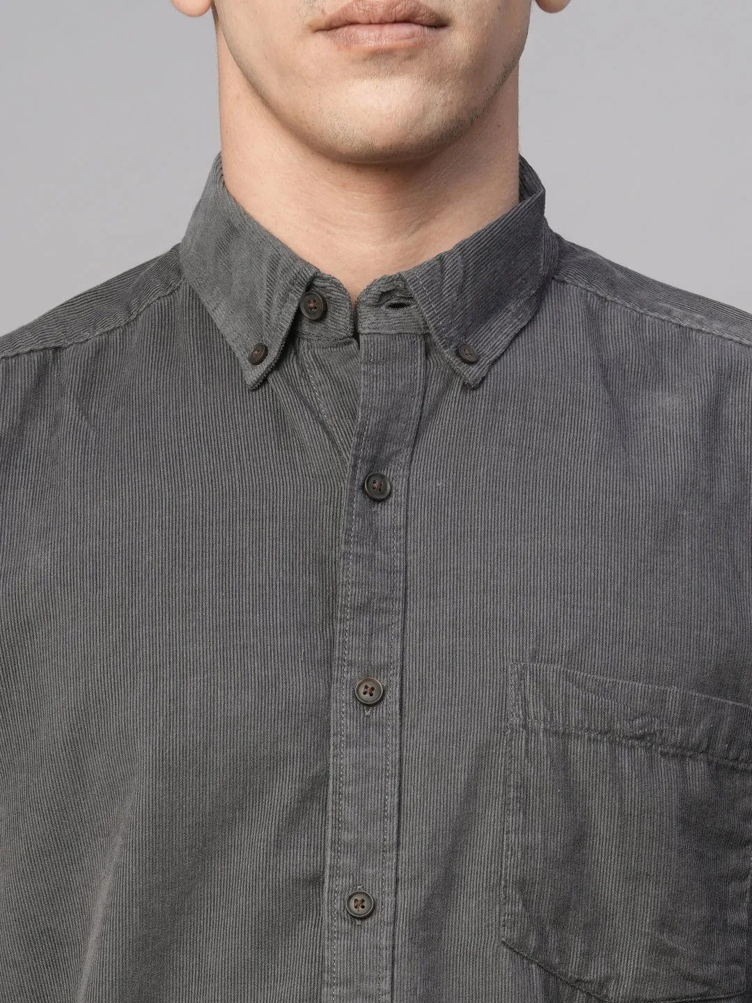 Men's Corduroy 100% Cotton Grey Regular Fit Long Sleeved Shirt