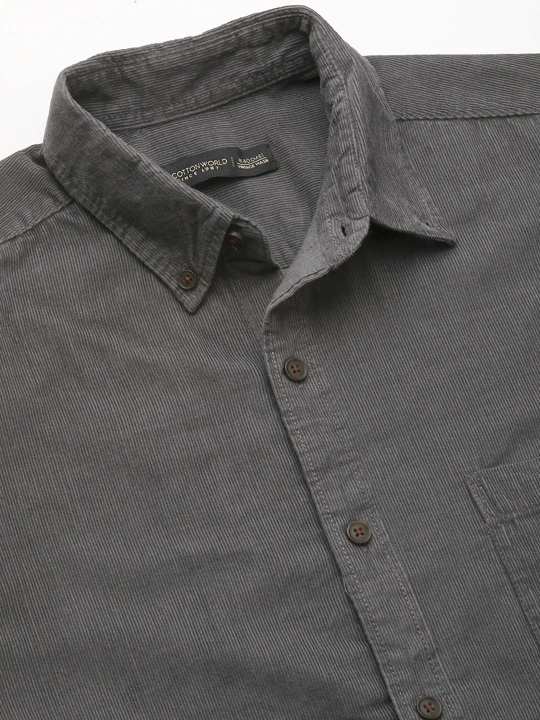 Men's Corduroy 100% Cotton Grey Regular Fit Long Sleeved Shirt