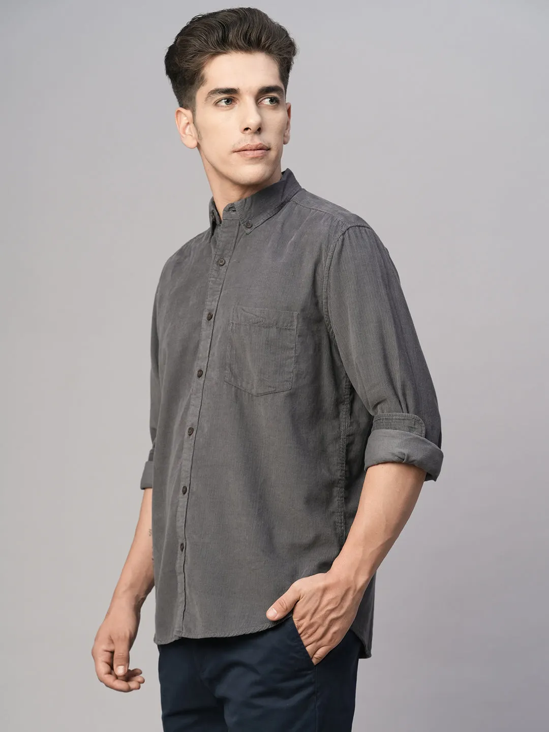Men's Corduroy 100% Cotton Grey Regular Fit Long Sleeved Shirt
