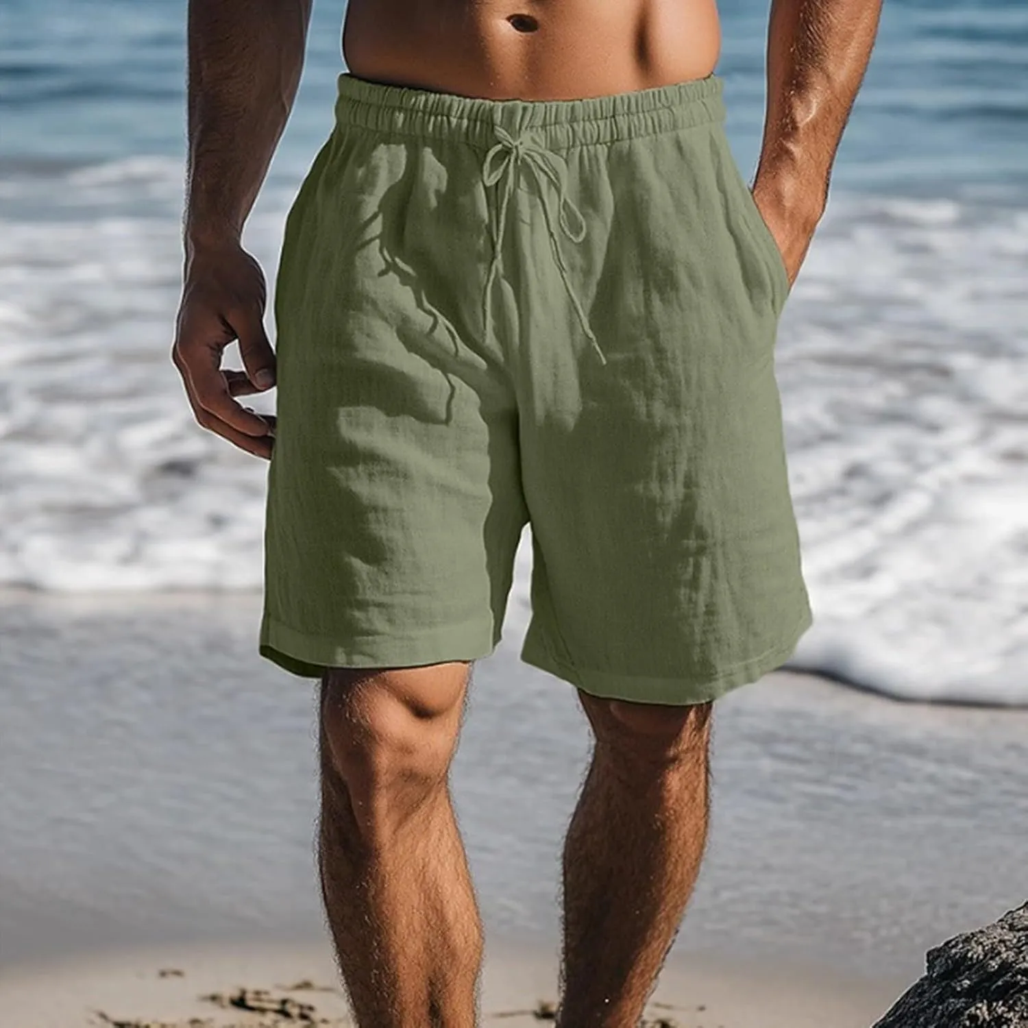 Men's Linen Casual Classic Short Elastic Waist Summer Beach Lightweight Loose-Fit Shorts with Pockets 2025