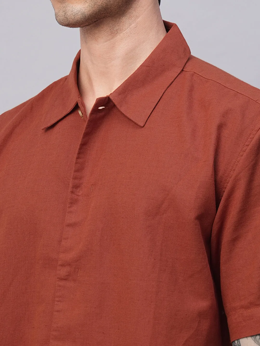 Men's Rust Cotton Linen Regular Fit Summer Shirt