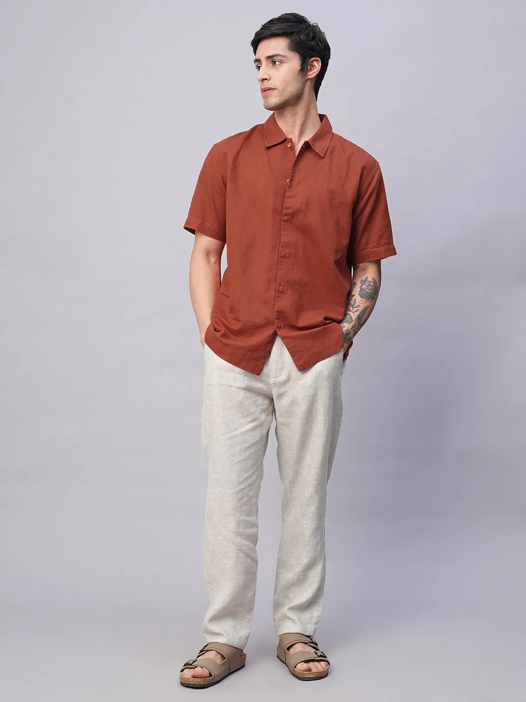 Men's Rust Cotton Linen Regular Fit Summer Shirt