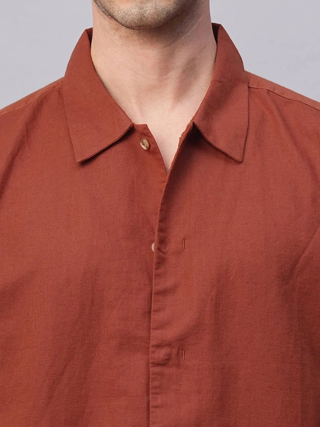 Men's Rust Cotton Linen Regular Fit Summer Shirt