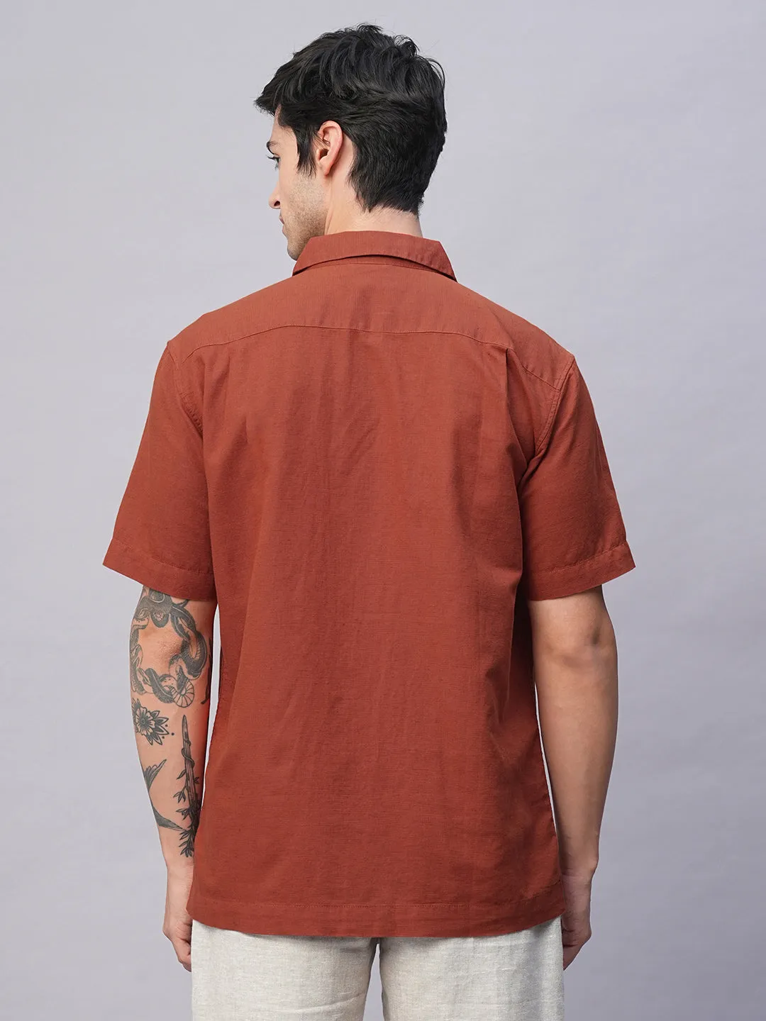 Men's Rust Cotton Linen Regular Fit Summer Shirt