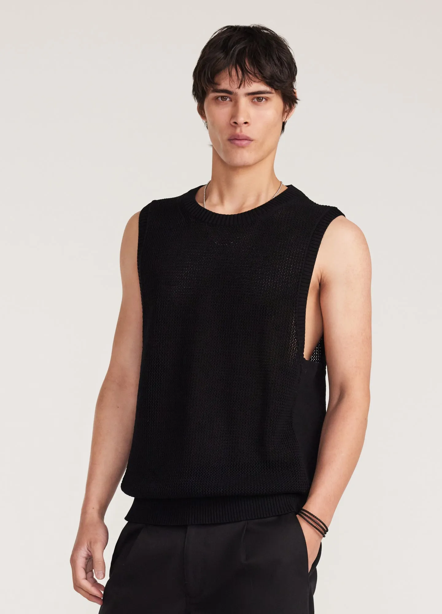 Mesh Knit Crew Neck Tank Black