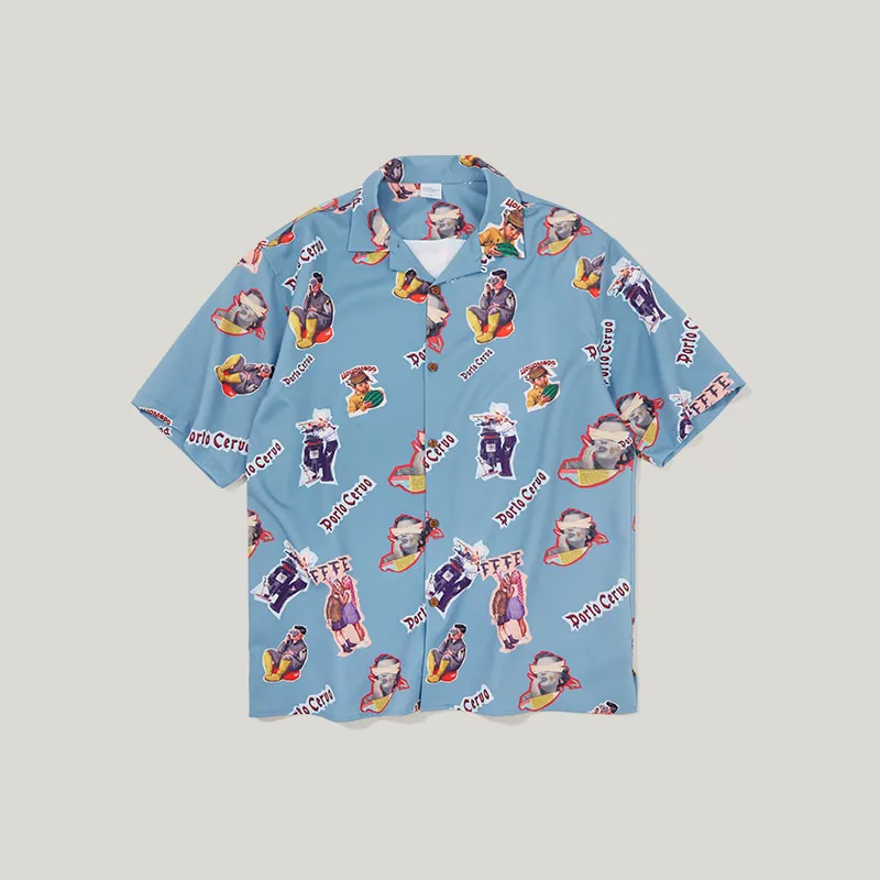 Ocean Blue Character Print in Hawaiian Loose Style Men Short Sleeves Shirt