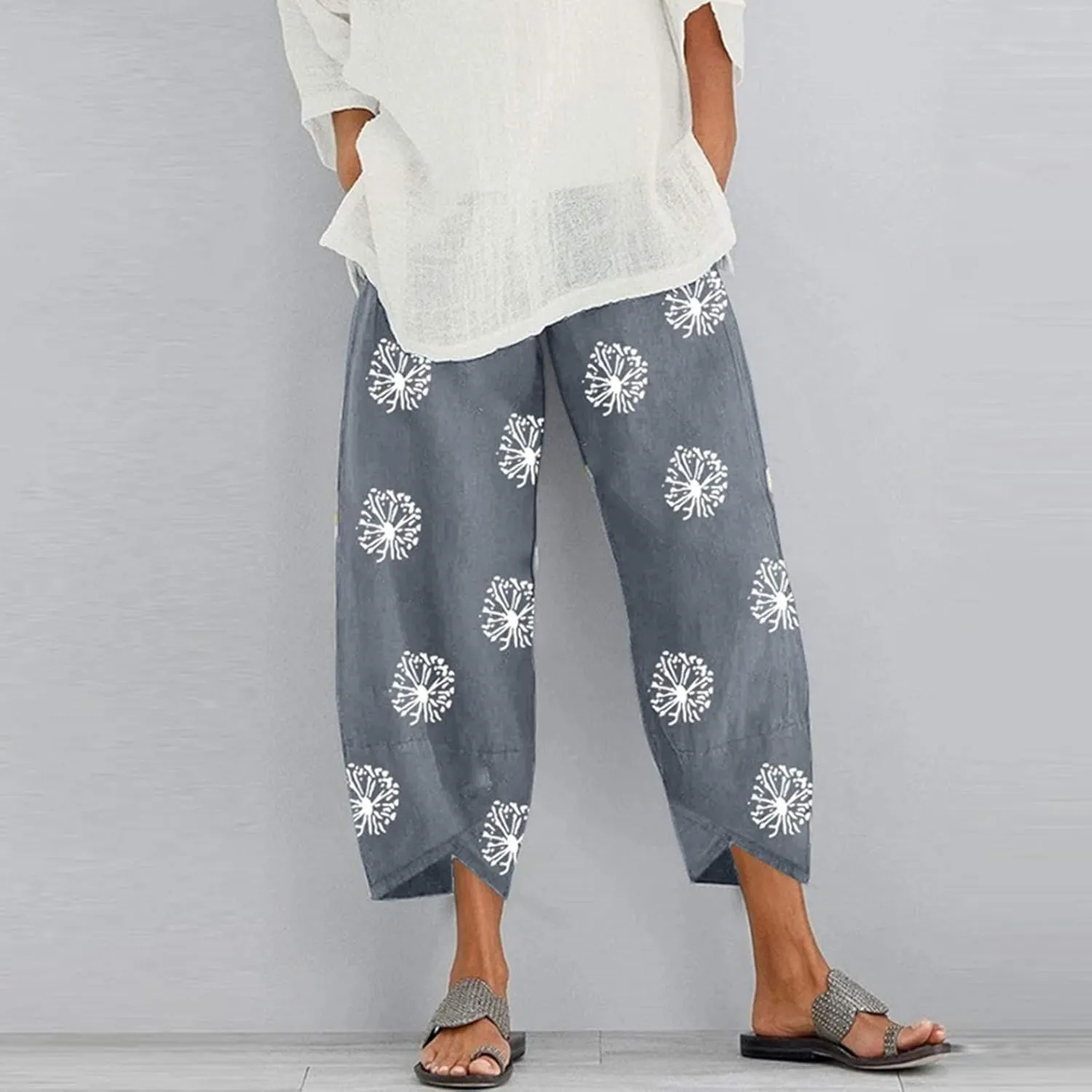 Petite Linen Pants for Women Relaxed Fit Cropped Palazzo Lounge Pants Lounge Long Trousers Summer Beach Vacation Pants