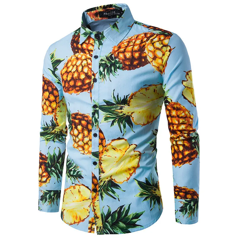 Pineapple Print Men Slim Fit Long Sleeves Shirt