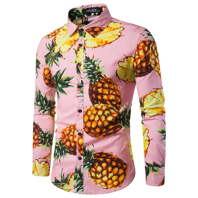Pineapple Print Men Slim Fit Long Sleeves Shirt