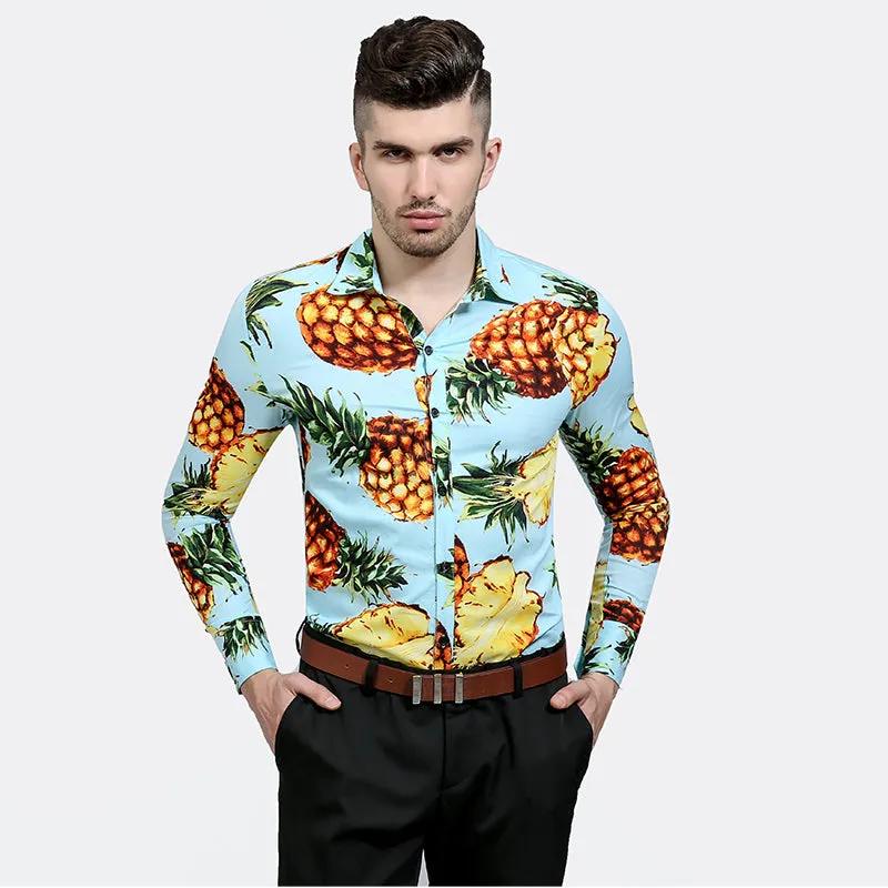 Pineapple Print Men Slim Fit Long Sleeves Shirt