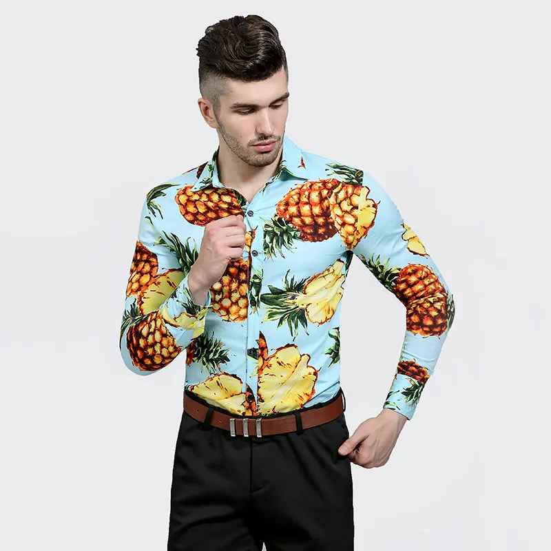 Pineapple Print Men Slim Fit Long Sleeves Shirt