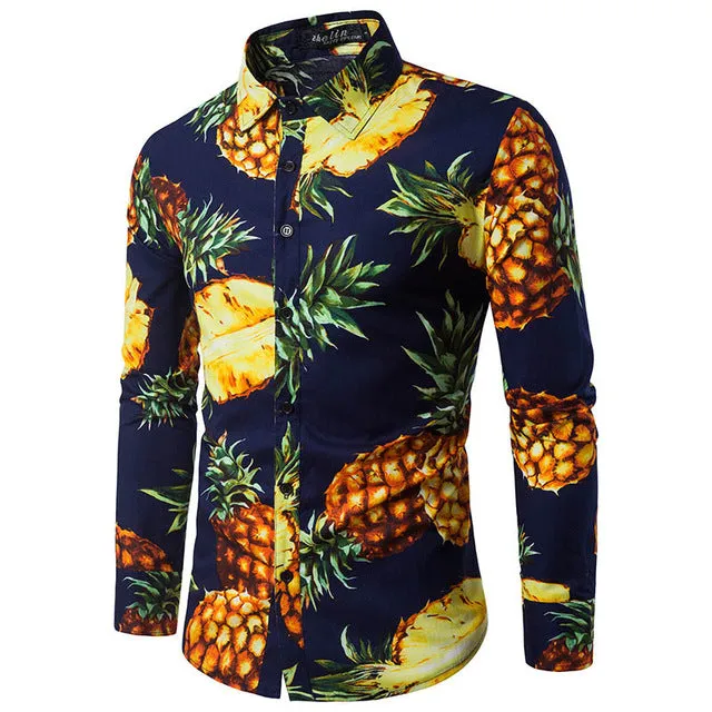 Pineapple Print Men Slim Fit Long Sleeves Shirt