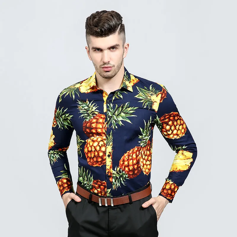 Pineapple Print Men Slim Fit Long Sleeves Shirt