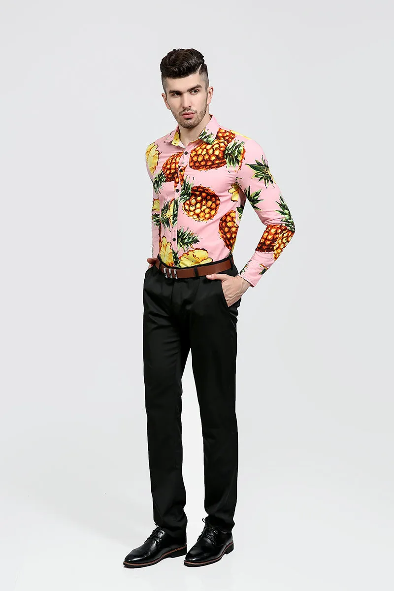 Pineapple Print Men Slim Fit Long Sleeves Shirt