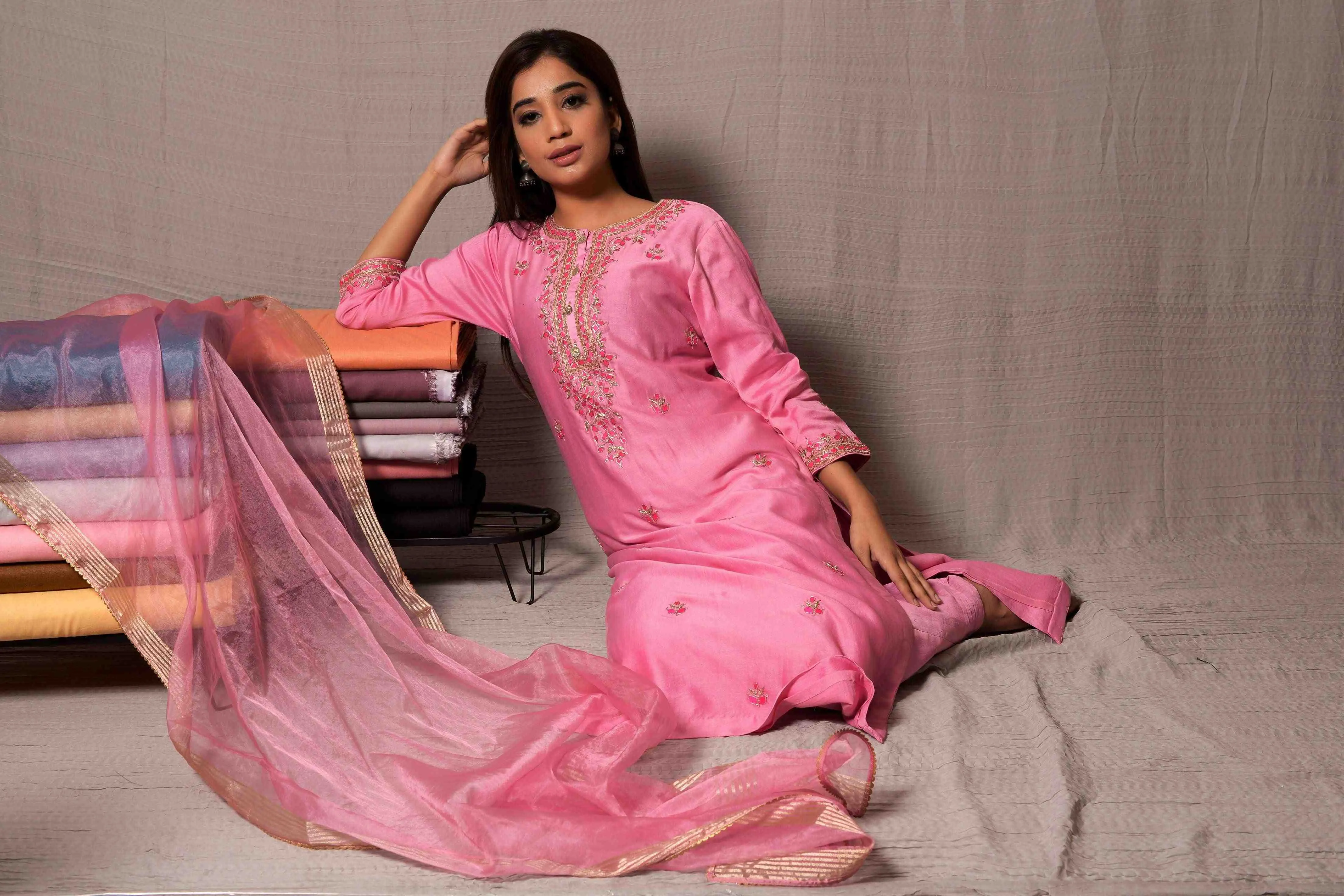 Pink Gota Patti Embroidery Kurta with Pants