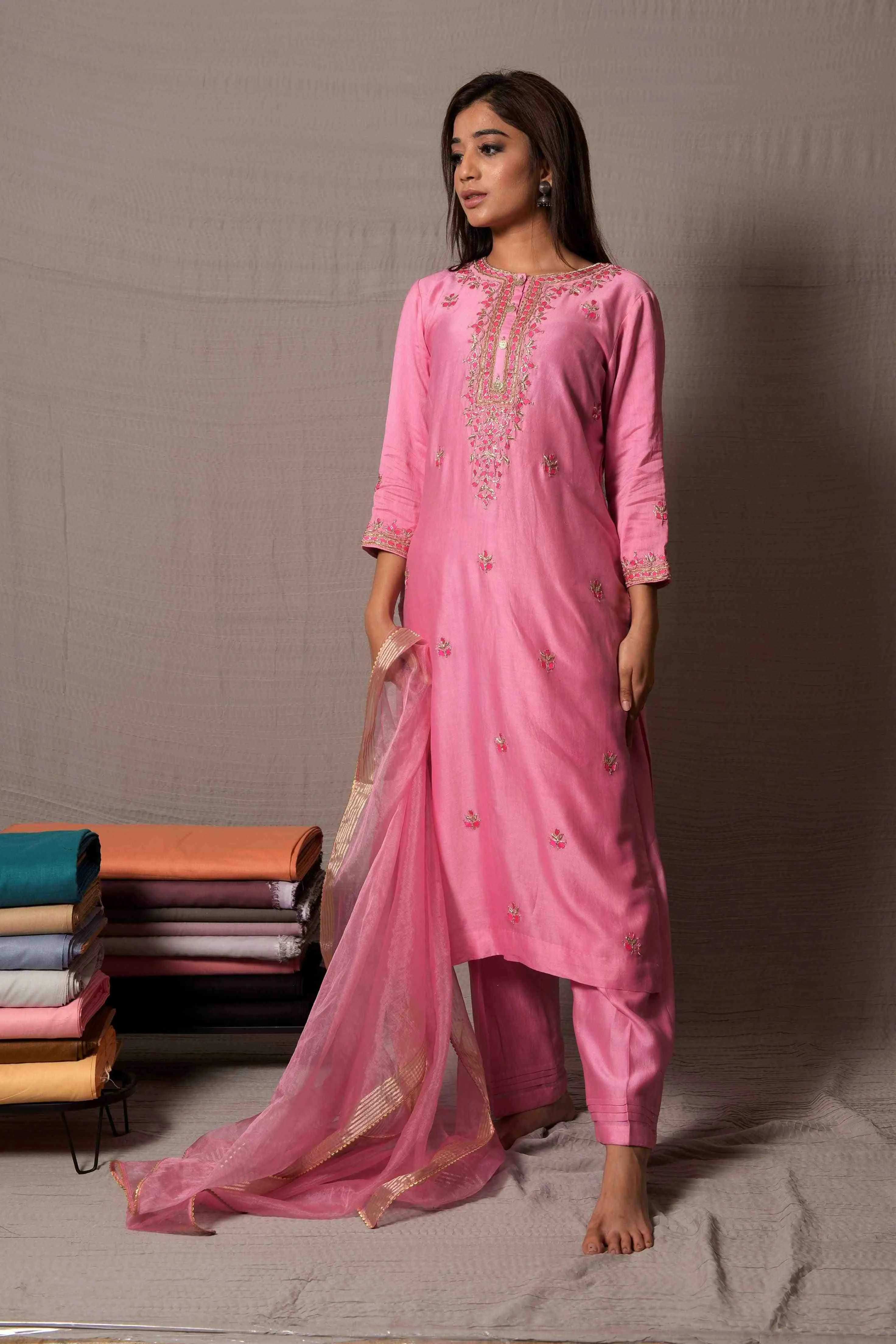 Pink Gota Patti Embroidery Kurta with Pants