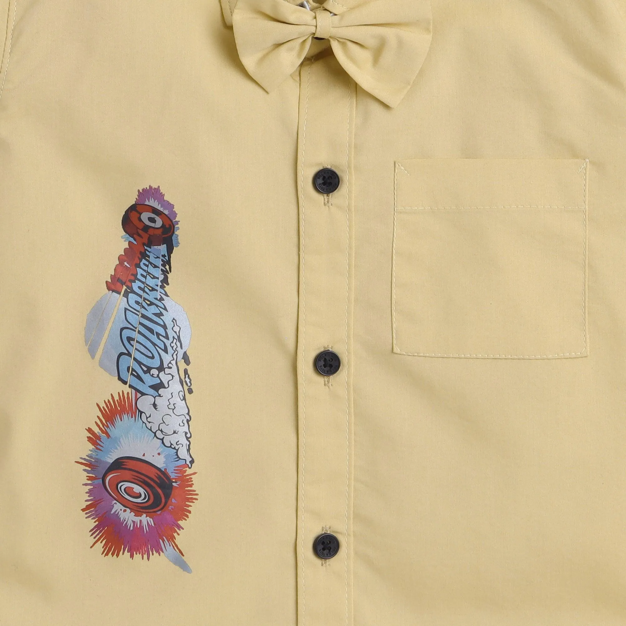 Polka Tots Cotton Regular Fit Roarrr Tyre Metallic Print Shirt With Bow Tie - Yellow