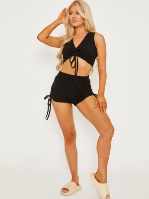 Sandi Sleeveless Ruched Crop Top & Shorts Ribbed Co-ord In Black