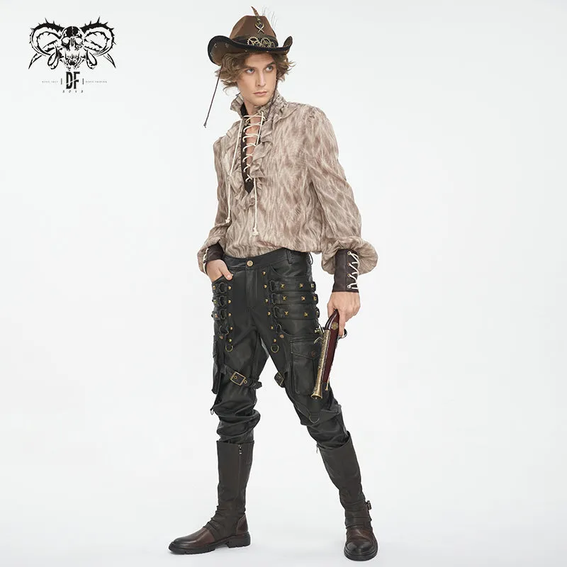 SHT11702 brown Punk high collar long sleeve men shirt