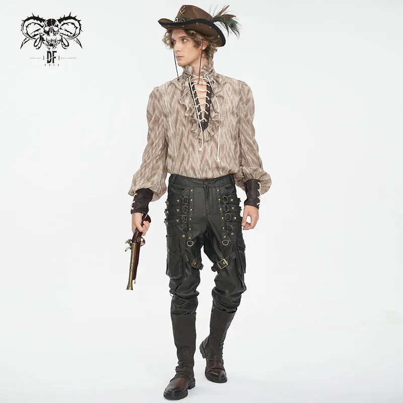 SHT11702 brown Punk high collar long sleeve men shirt
