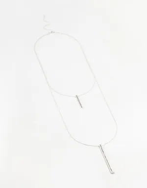 Silver 2 Row Long Bar Necklace