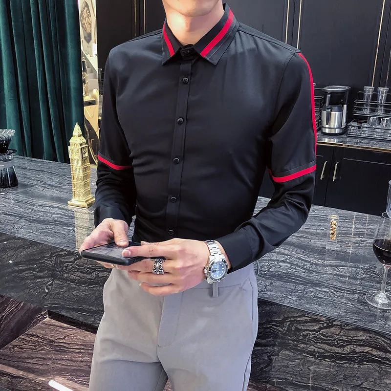 Solid Black or White with Ribbon Stripes Detail Men Shirts