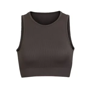 STRETCH RIB HIGH NECK BRA | SOOT
