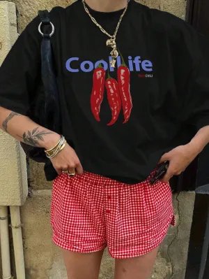SXV  'COOL LIFE RED CHILI’ Printed Cool Aesthetic Oversized Baggy T-shirt