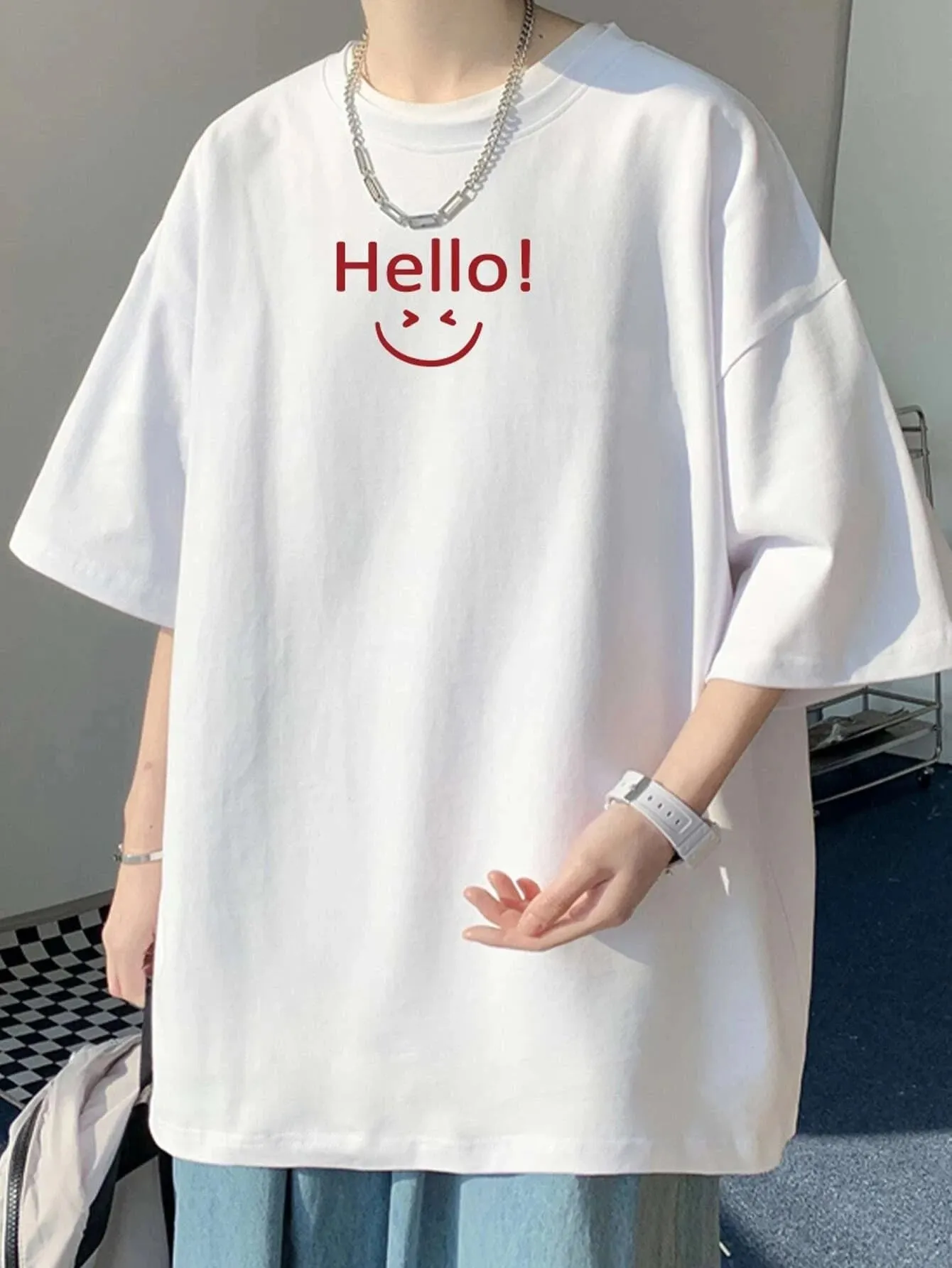 SXV  'Hello;)’ Printed Cool Aesthetic Oversized T-shirt