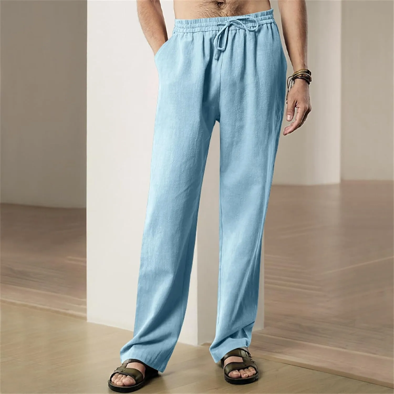 Thatrich Mens Casual Pants Relaxed Linen Beach Yoga Pant Workout Breathable Lightweight Trousers Summer Solid Color Joggers