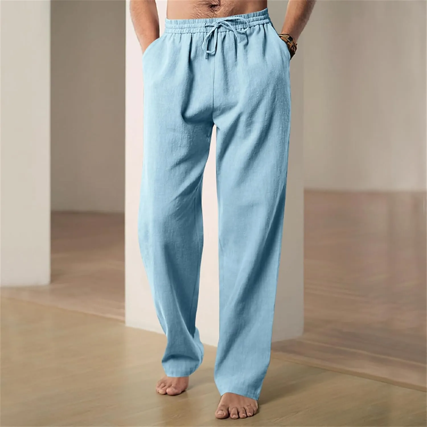 Thatrich Mens Casual Pants Relaxed Linen Beach Yoga Pant Workout Breathable Lightweight Trousers Summer Solid Color Joggers