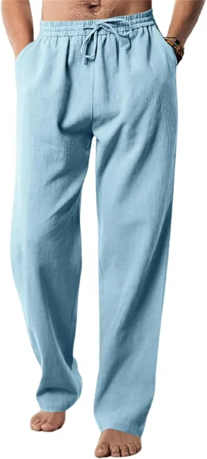 Thatrich Mens Casual Pants Relaxed Linen Beach Yoga Pant Workout Breathable Lightweight Trousers Summer Solid Color Joggers