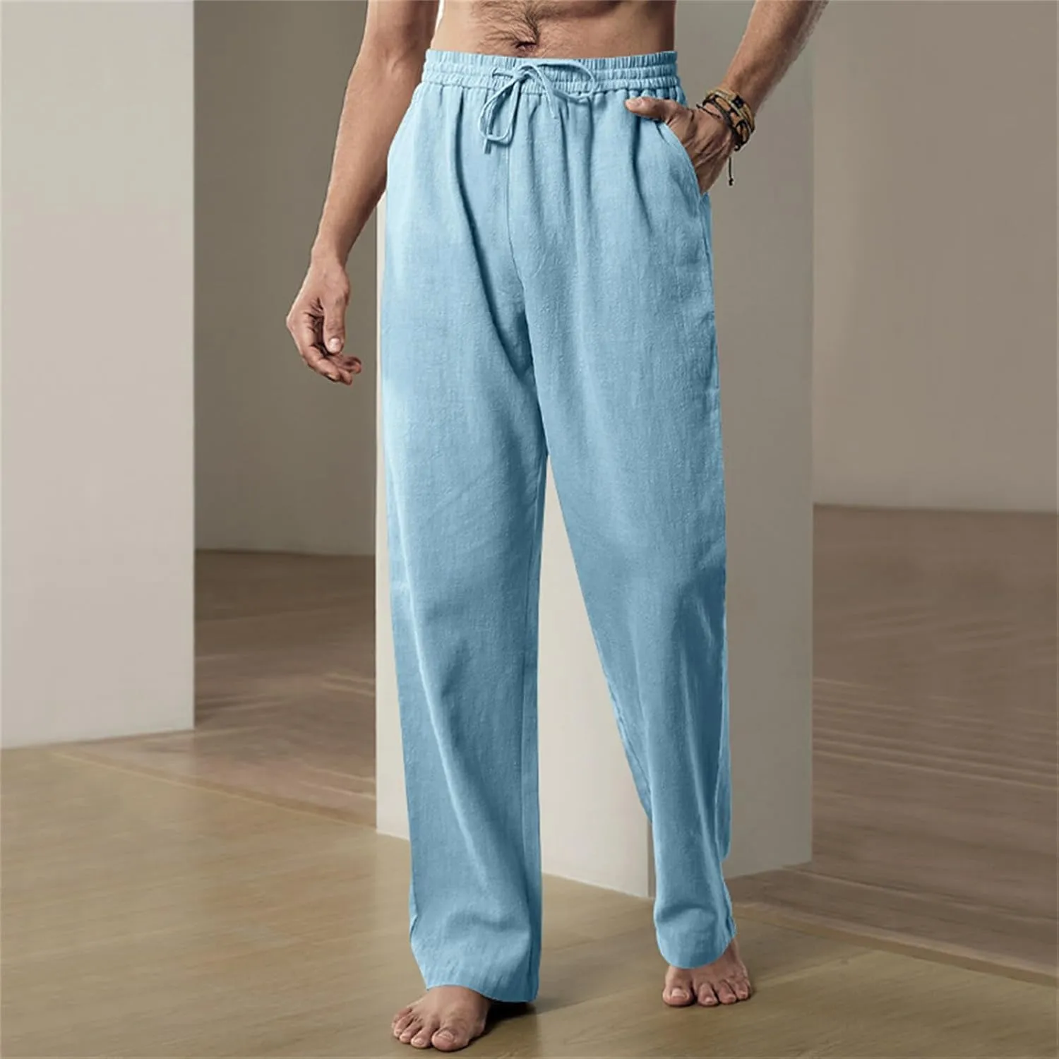 Thatrich Mens Casual Pants Relaxed Linen Beach Yoga Pant Workout Breathable Lightweight Trousers Summer Solid Color Joggers