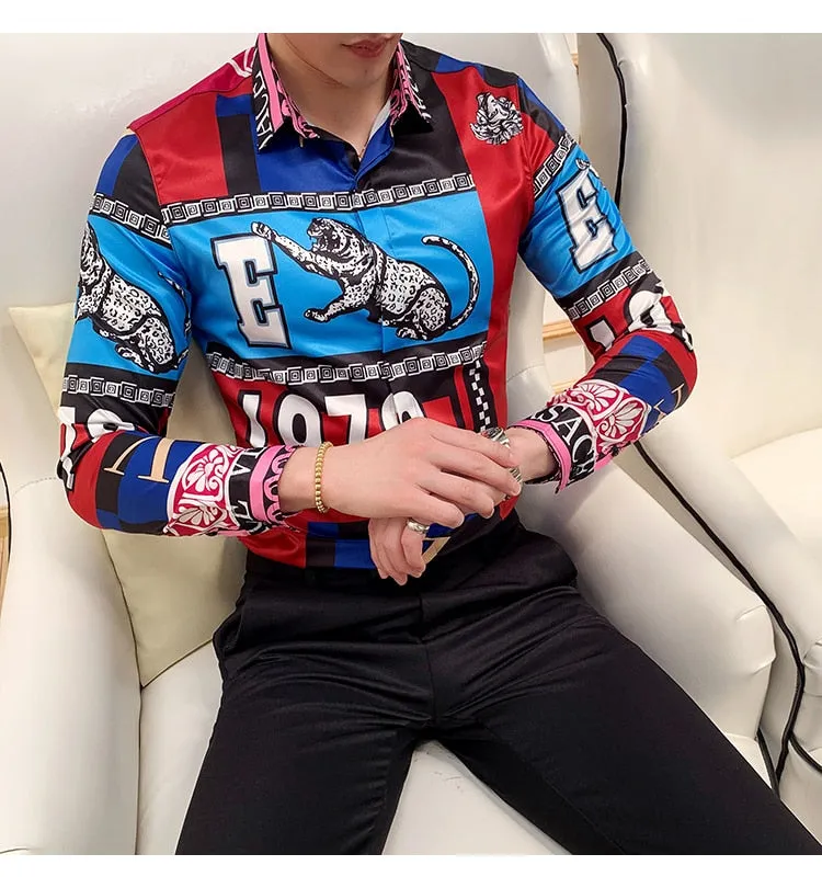 Tiger and Monogram Print Long Sleeve Style Men Slim Fit Shirt