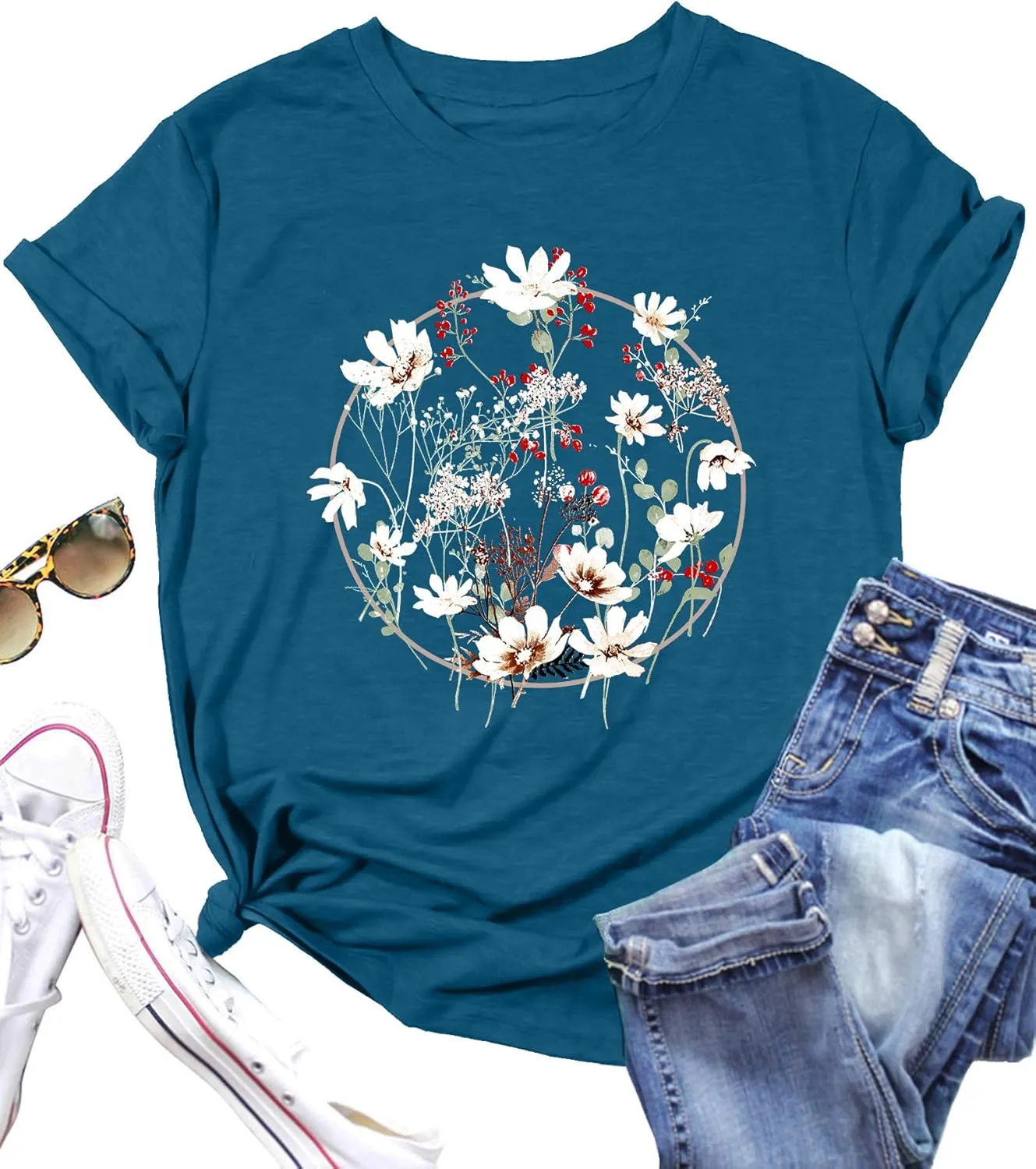 Vintage Flowers Shirt Women: Boho Floral T-Shirt Flower Graphic Shirt Wildflowers Tees Short Sleeve Casual Tops