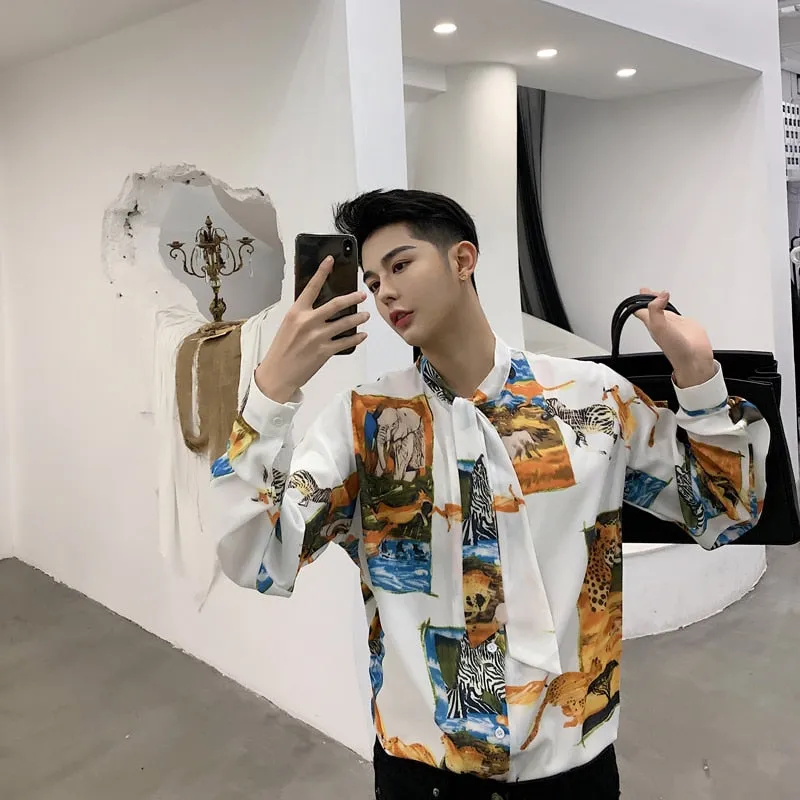Vintage in Animal Pattern and Bow Tie Detail Men Long Sleeve Shirt