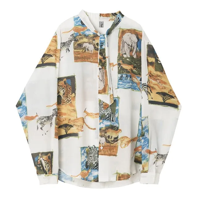 Vintage in Animal Pattern and Bow Tie Detail Men Long Sleeve Shirt