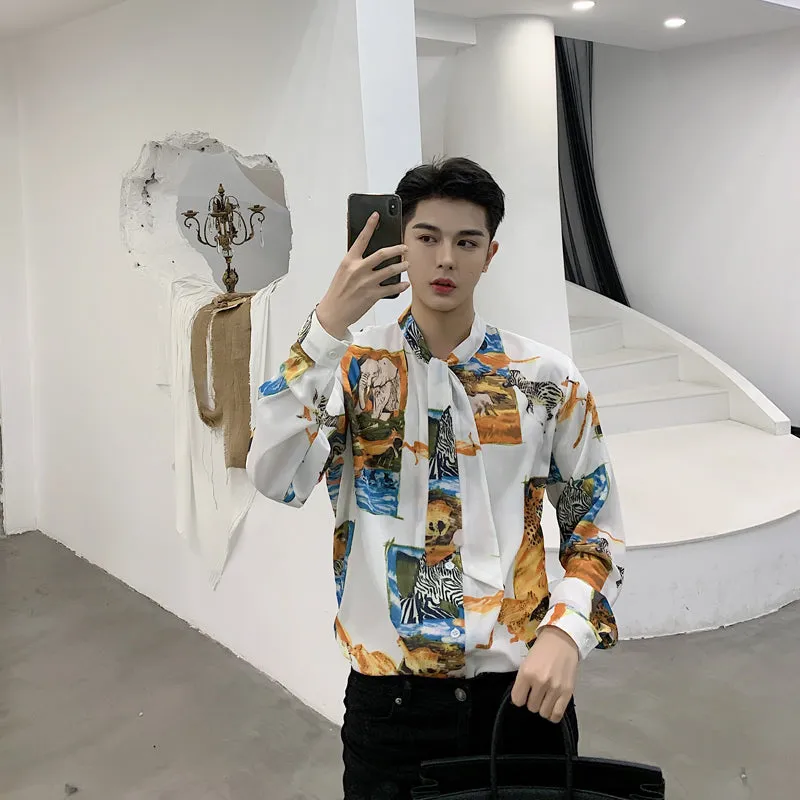 Vintage in Animal Pattern and Bow Tie Detail Men Long Sleeve Shirt