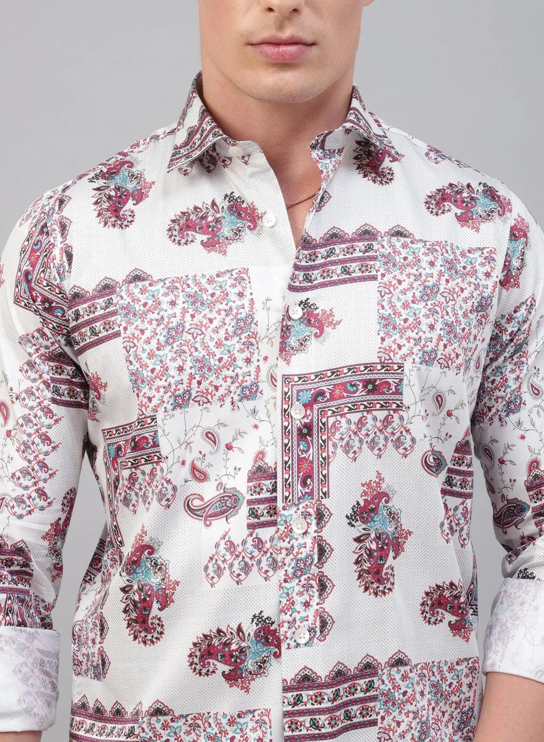 White & Red Cotton Full Sleeve Shirt