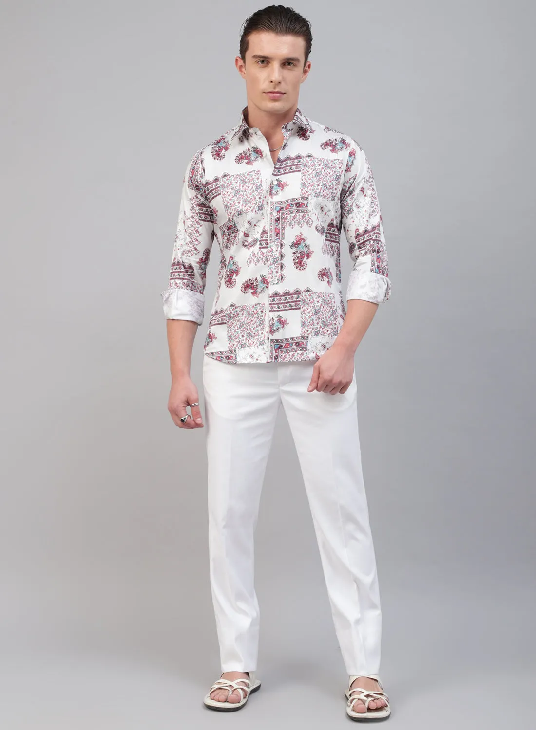 White & Red Cotton Full Sleeve Shirt