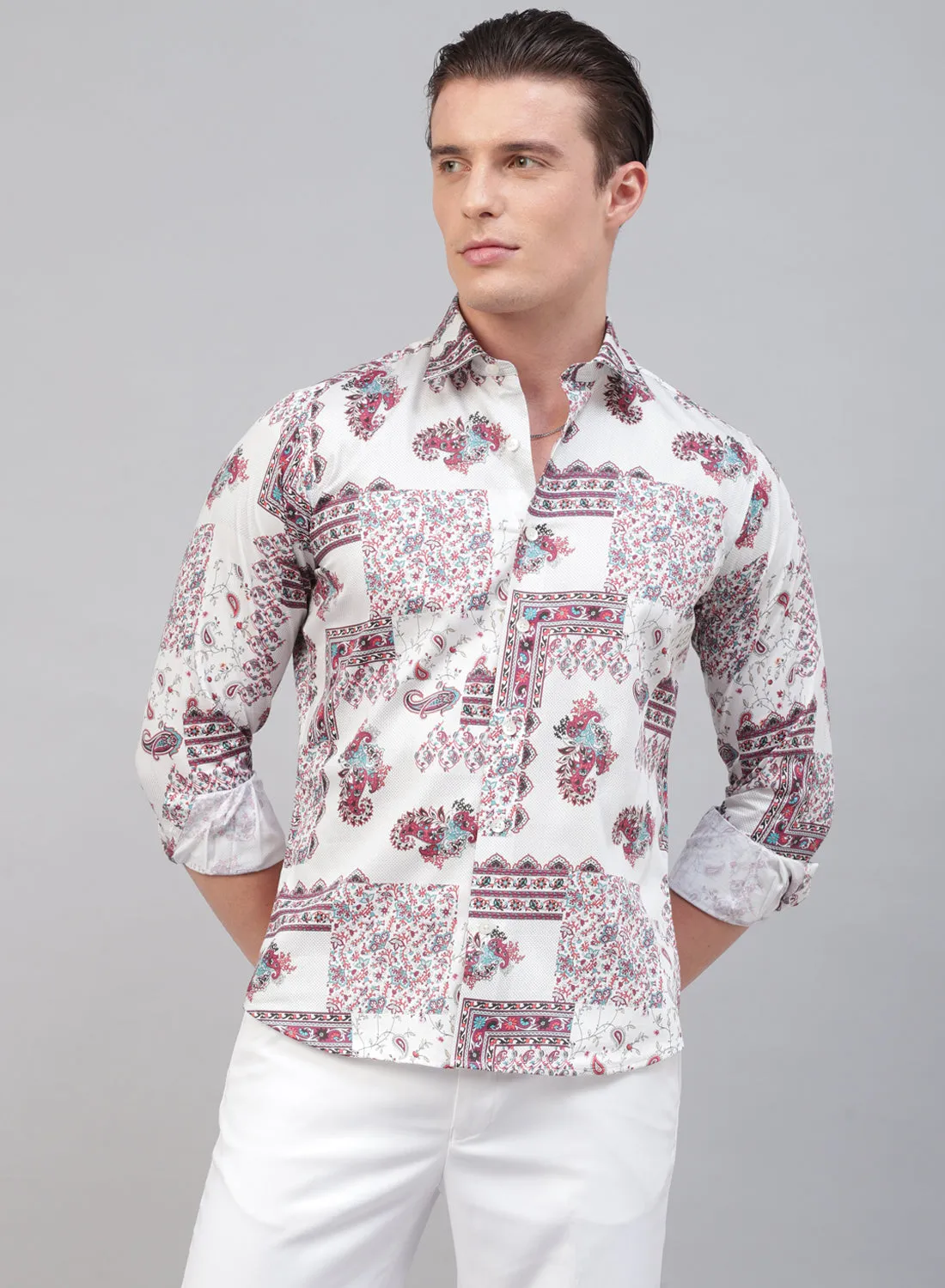 White & Red Cotton Full Sleeve Shirt