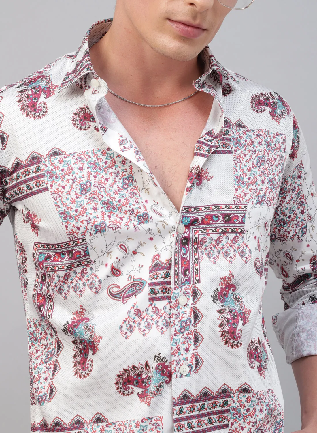White & Red Cotton Full Sleeve Shirt