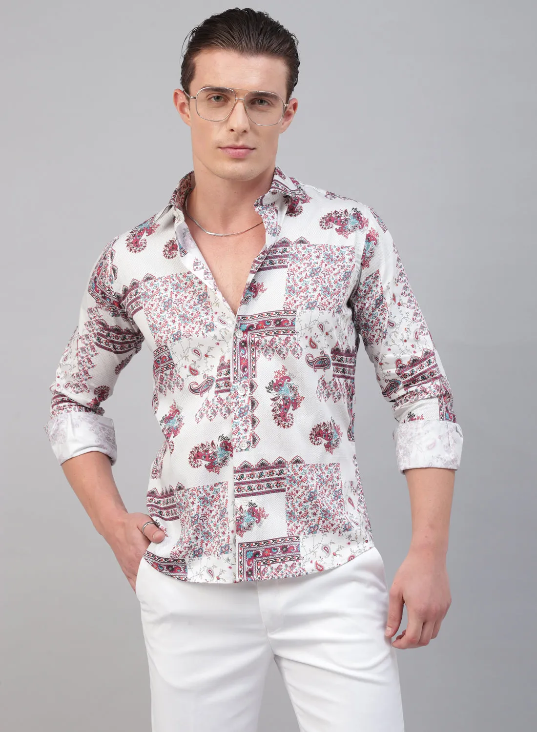 White & Red Cotton Full Sleeve Shirt