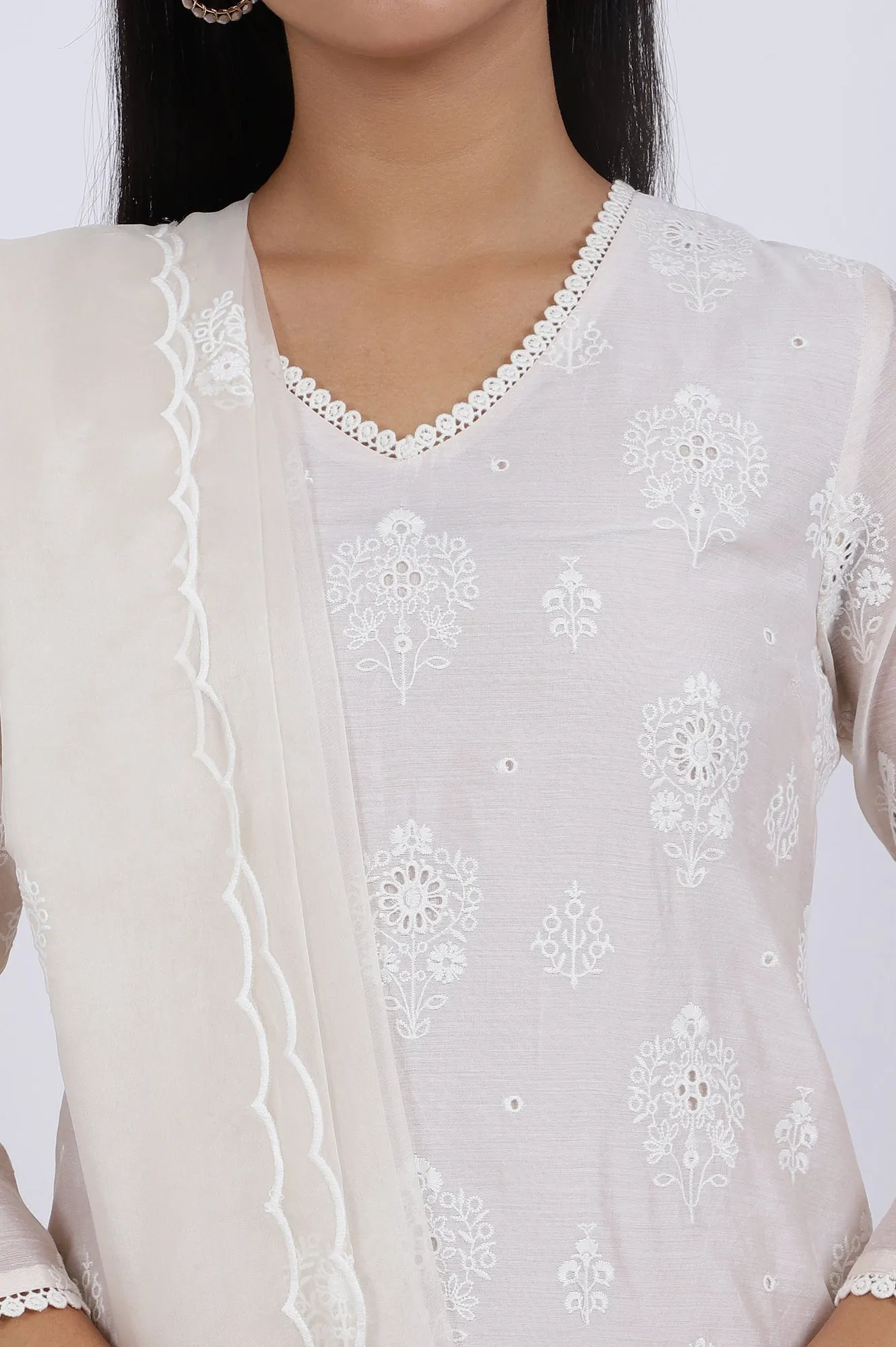 White Embroidered Lace Chanderi Straight Kurta & Straight Pant With Dupatta Set