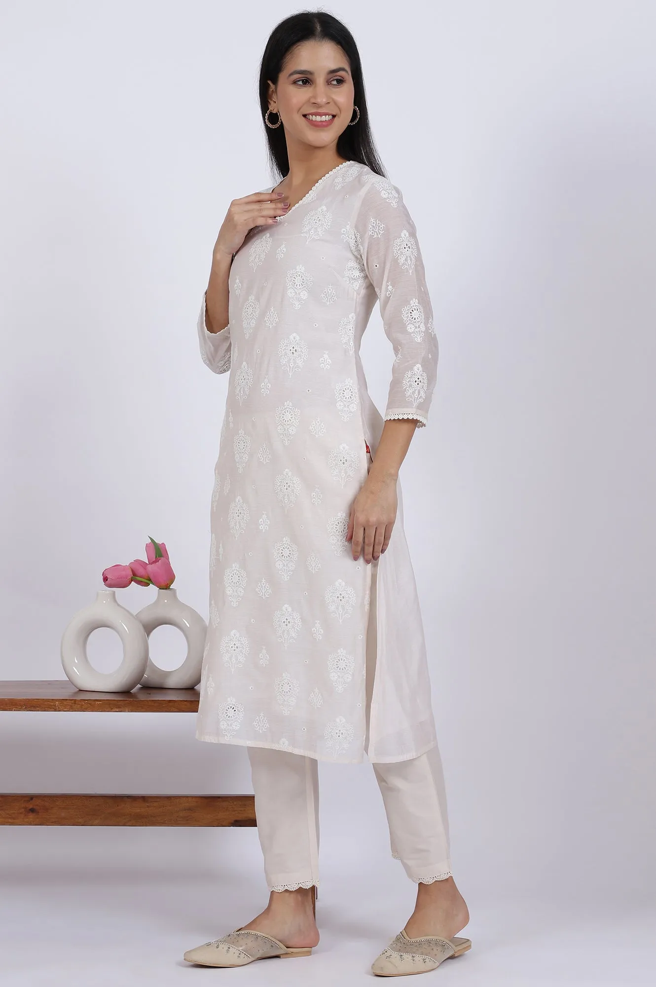 White Embroidered Lace Chanderi Straight Kurta & Straight Pant With Dupatta Set