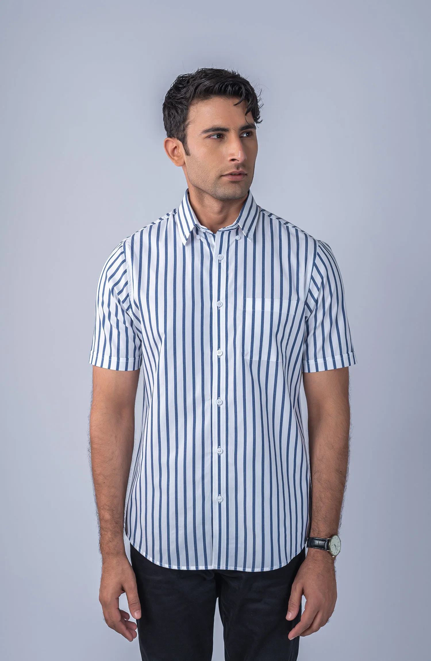 White/Navy Stripes Yarn Dyed Shirt