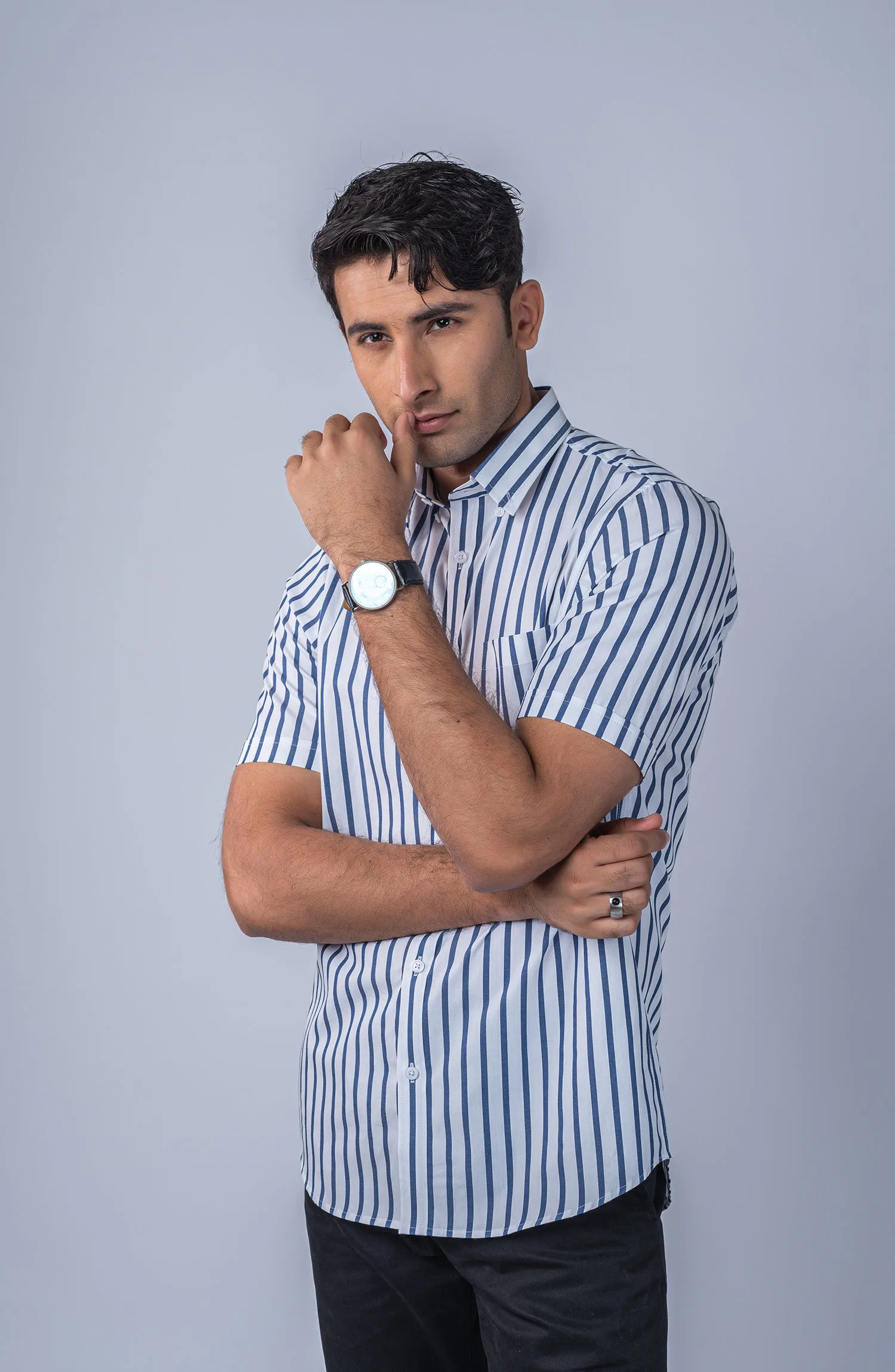 White/Navy Stripes Yarn Dyed Shirt