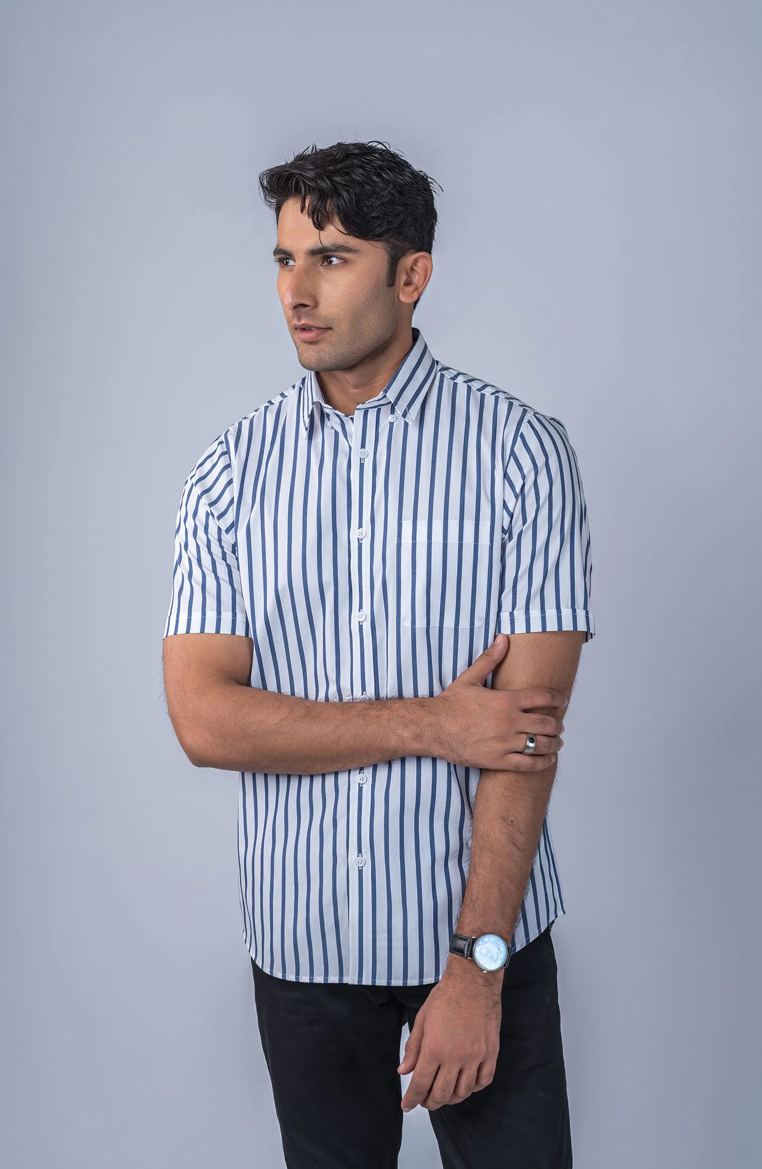 White/Navy Stripes Yarn Dyed Shirt